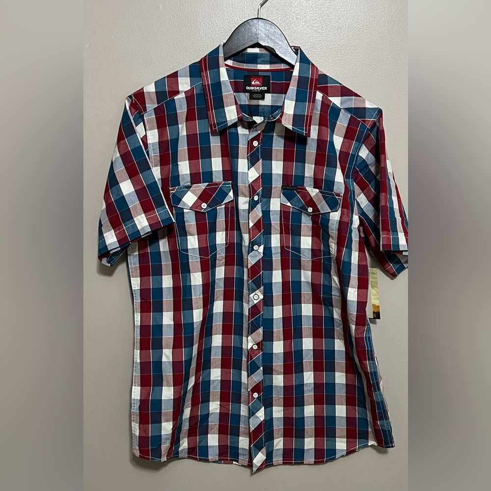 Quicksilver Plaid Snap Closure Short Sleeve Pockets Shirt Size Large